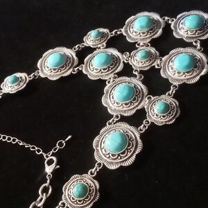 Turquoise and Silver Statement Bib  Necklace. 20+2 In Long